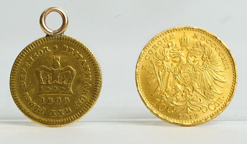 Gold coins, Austria 10 Corona, 1912 (re-strike), EF, and a George III third guinea 1808, later suspension loop, otherwise fine